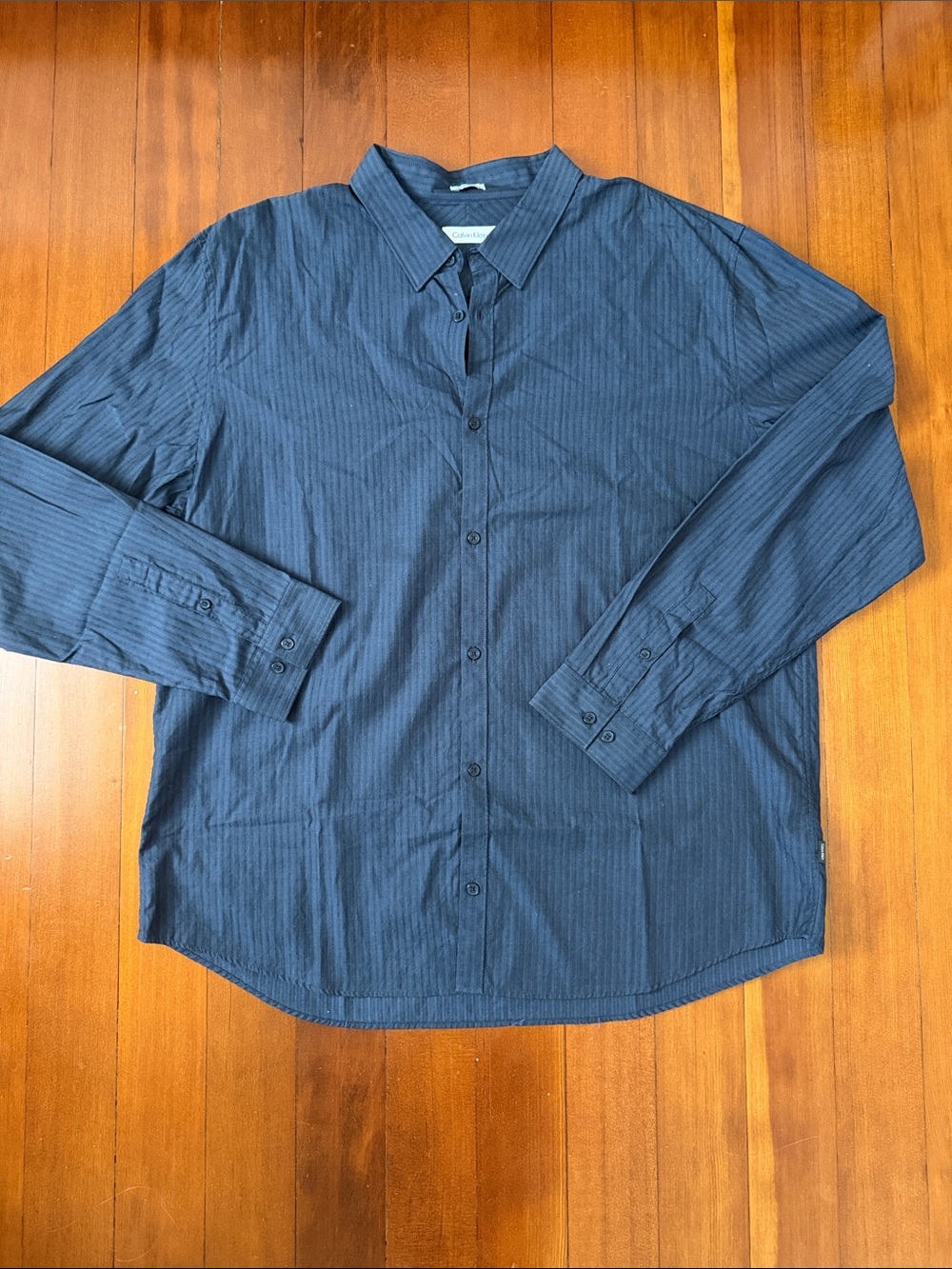 Calvin Klein Navy Pinstripe Long Sleeve Dress Shirt